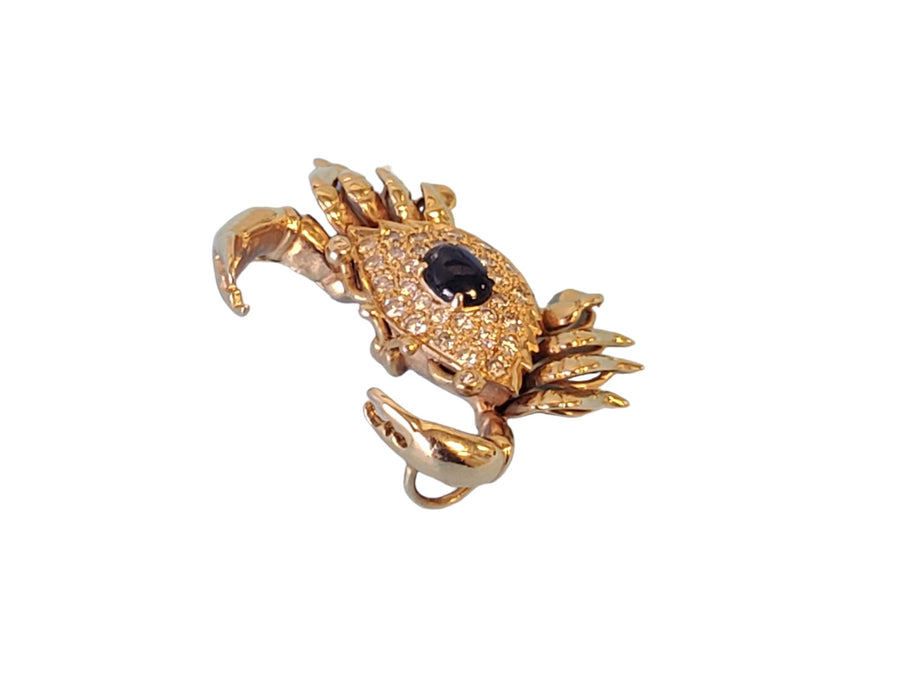 Vintage Crab Slide Pendant 14k Yellow Gold Diamonds and Blue Sapphire Cabochon