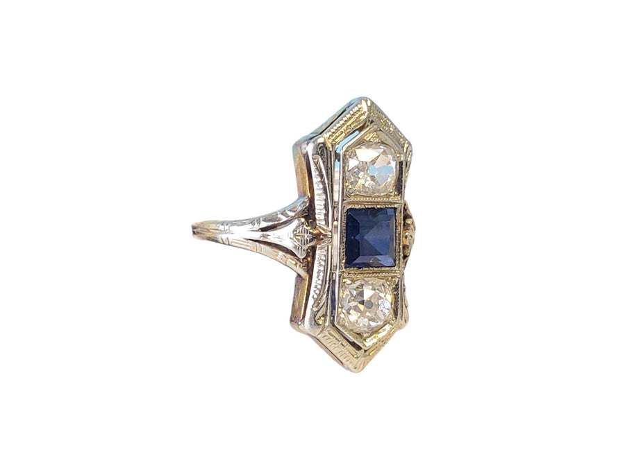 Art Deco 18k/14k Old Euro Diamond and Sapphire 3 Stone Ring .66tcw Diamonds