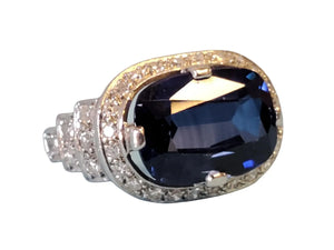 Signed Art Deco Platinum Diamond Ring Synthetic Blue Oval Sapphire Center Stone - Joseph Diamonds