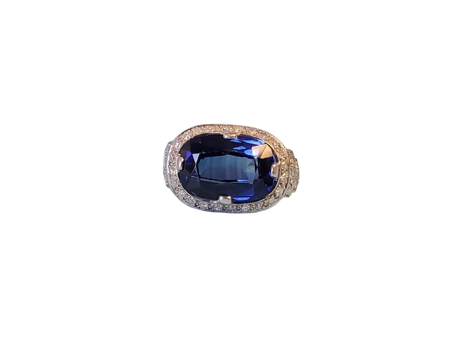 Signed Art Deco Platinum Diamond Ring Synthetic Blue Oval Sapphire Center Stone - Joseph Diamonds
