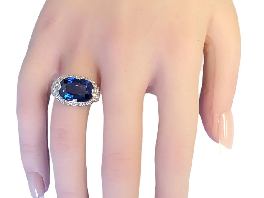 Signed Art Deco Platinum Diamond Ring Synthetic Blue Oval Sapphire Center Stone - Joseph Diamonds