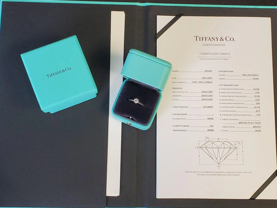 Tiffany & Co. Diamond Solitaire Platinum Engagement Ring .46ct VS1 Round - Joseph Diamonds