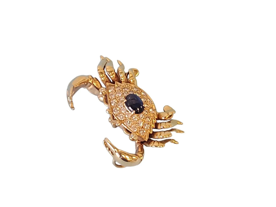 Vintage Crab Slide Pendant 14k Yellow Gold Diamonds and Blue Sapphire Cabochon - Joseph Diamonds