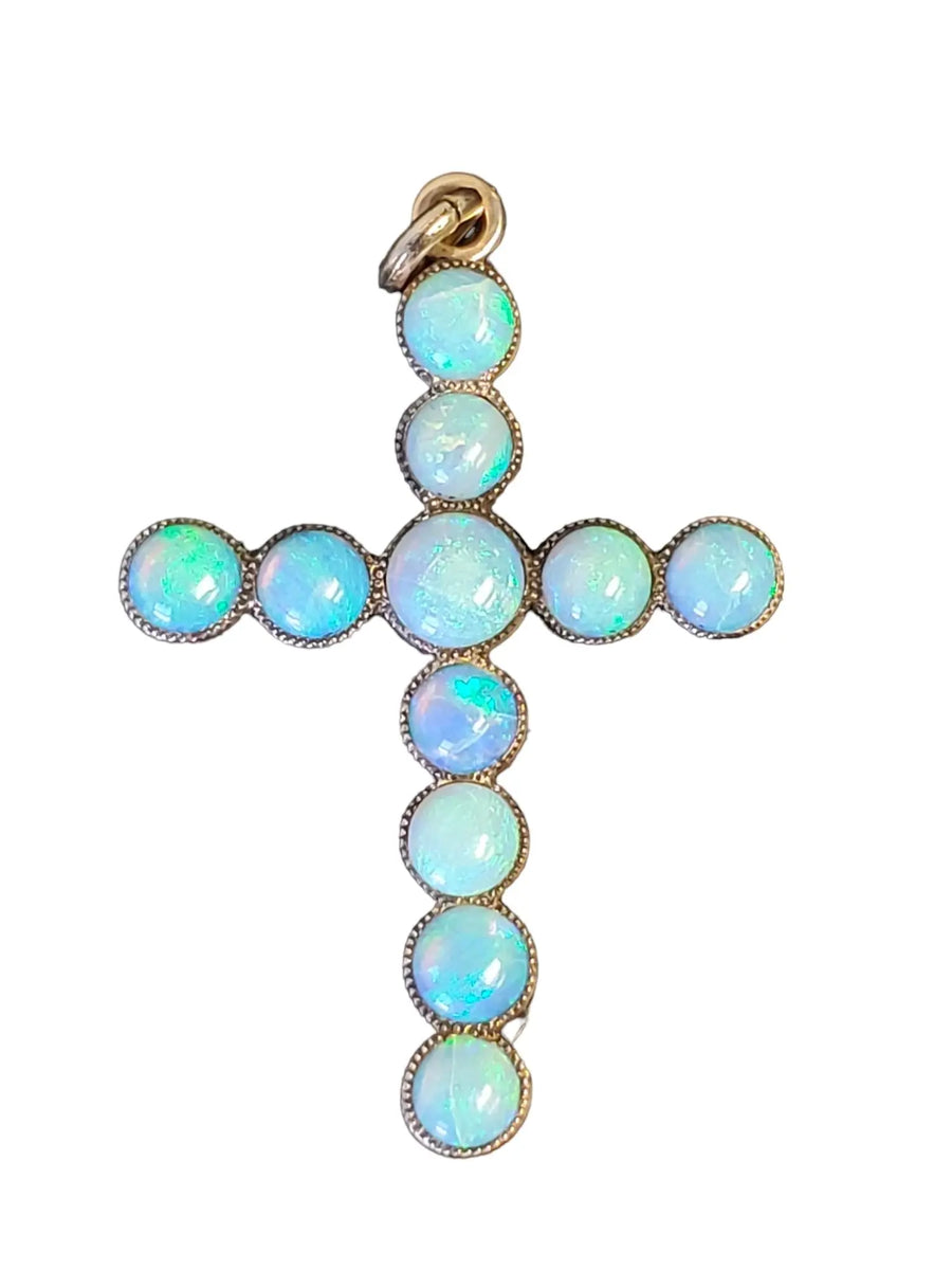 Vintage Cross Blue Opal 9tcw Pendant Antique 10k Yellow Gold Pendant - Joseph Diamonds