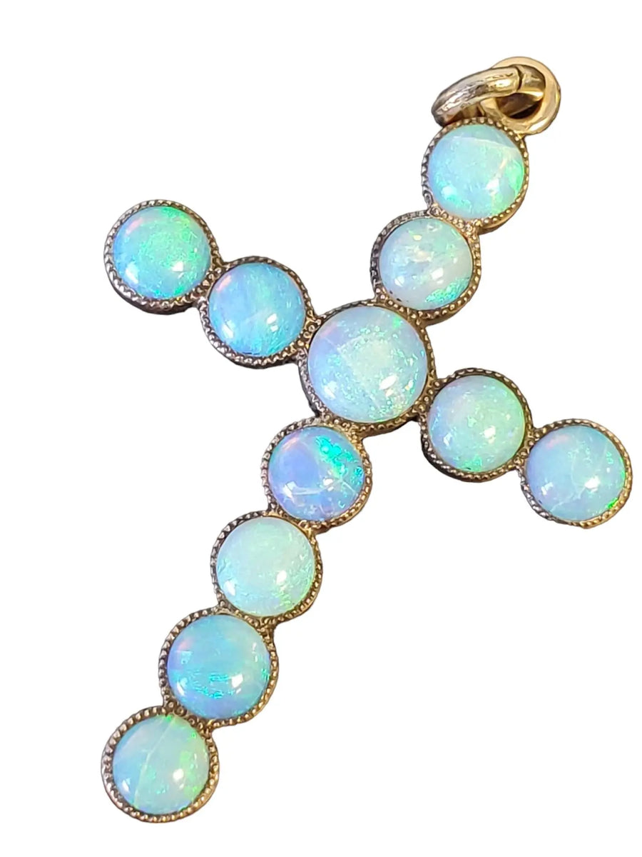 Vintage Cross Blue Opal 9tcw Pendant Antique 10k Yellow Gold Pendant - Joseph Diamonds