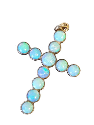 Vintage Cross Blue Opal 9tcw Pendant Antique 10k Yellow Gold Pendant - Joseph Diamonds