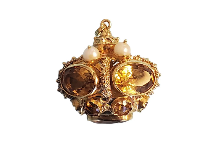 Vintage Pendant Crown 18k Yellow Gold Charm Oval Citrine and Pearls - Joseph Diamonds