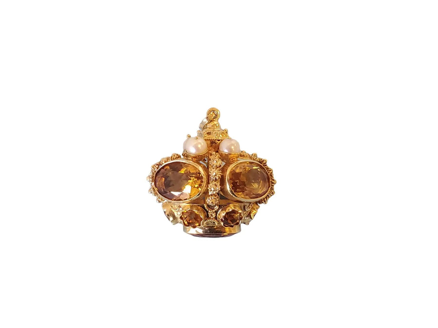 Vintage Pendant Crown 18k Yellow Gold Charm Oval Citrine and Pearls - Joseph Diamonds