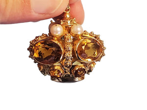 Vintage Pendant Crown 18k Yellow Gold Charm Oval Citrine and Pearls - Joseph Diamonds
