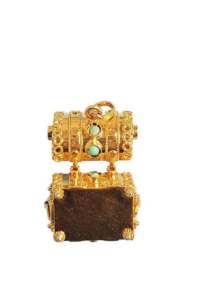 Vintage Treasure Chest Charm Pendant 18k Yellow Gold Turquoise Color Stones - Joseph Diamonds