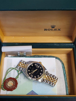 Rolex Men's Datejust Watch 16233 Black Diamond Dial w/ box and papers - Joseph Diamonds