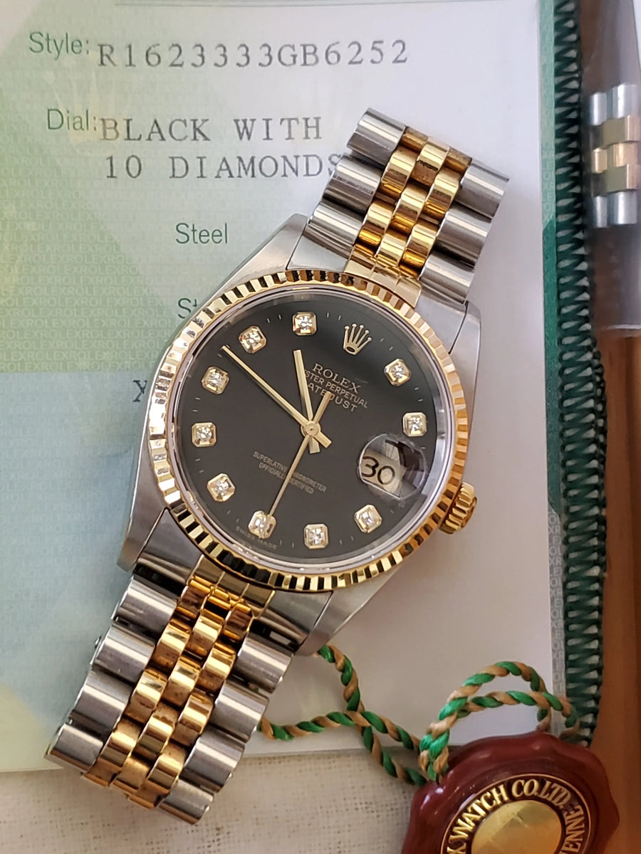 Rolex Men's Datejust Watch 16233 Black Diamond Dial w/ box and papers - Joseph Diamonds